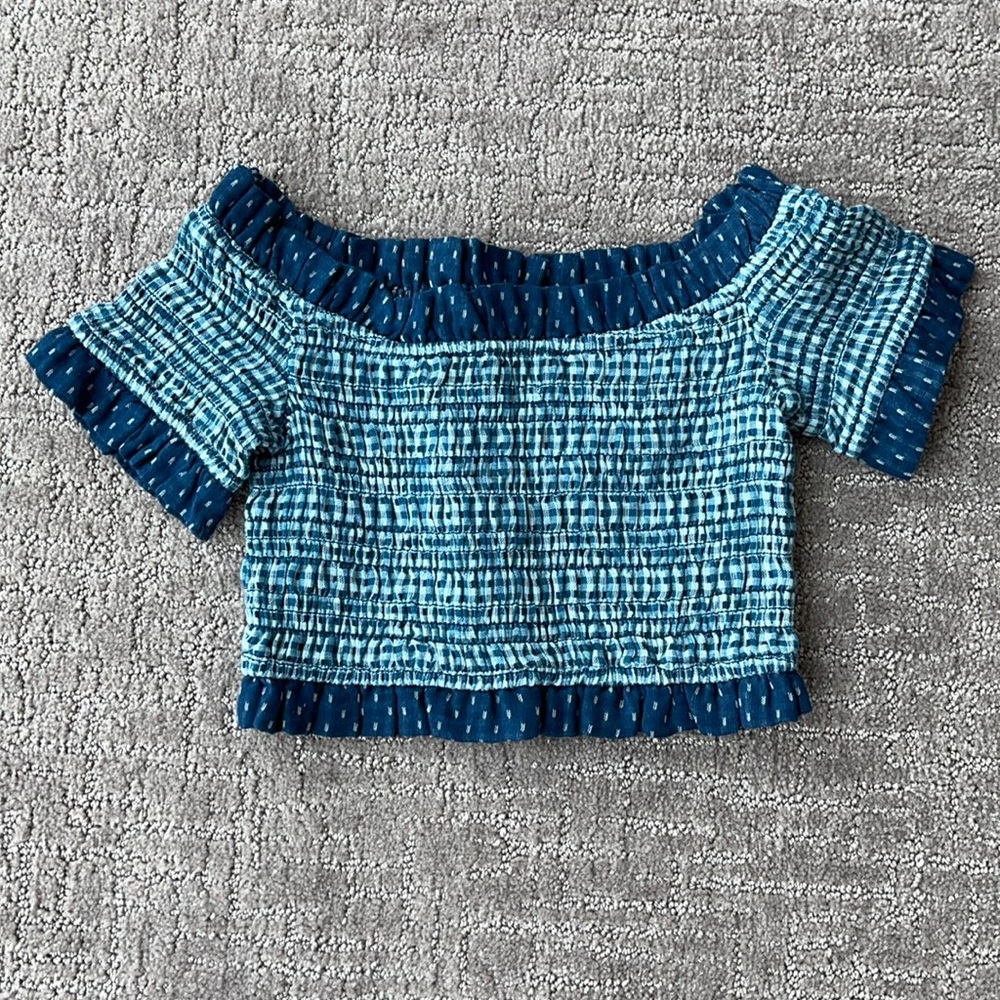 Blue Ruffled Stretchy Crop Top